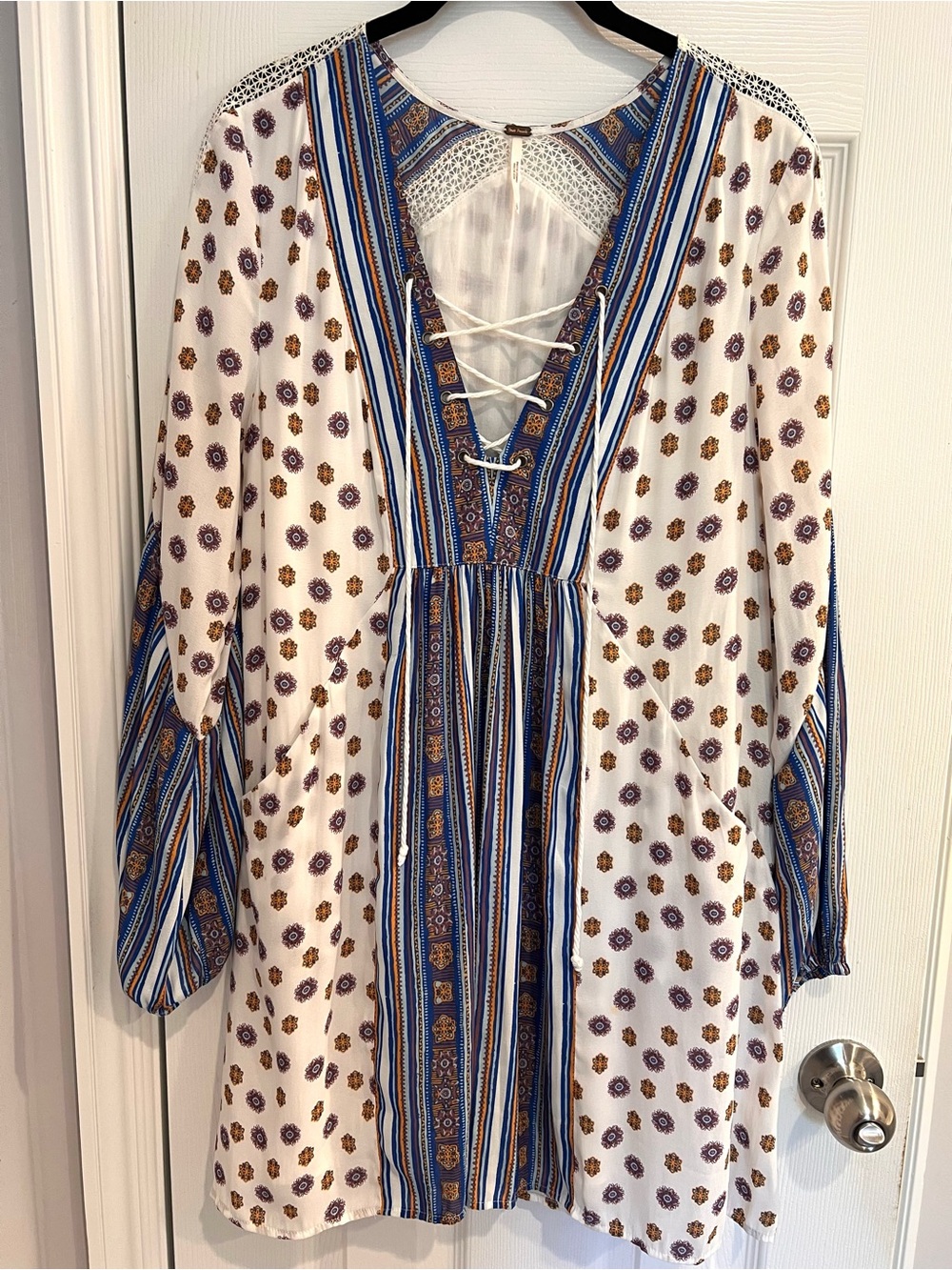 Free People Rain Shine Boho Swing Dress Lace-Up White Blue Gold Stripe Medallion